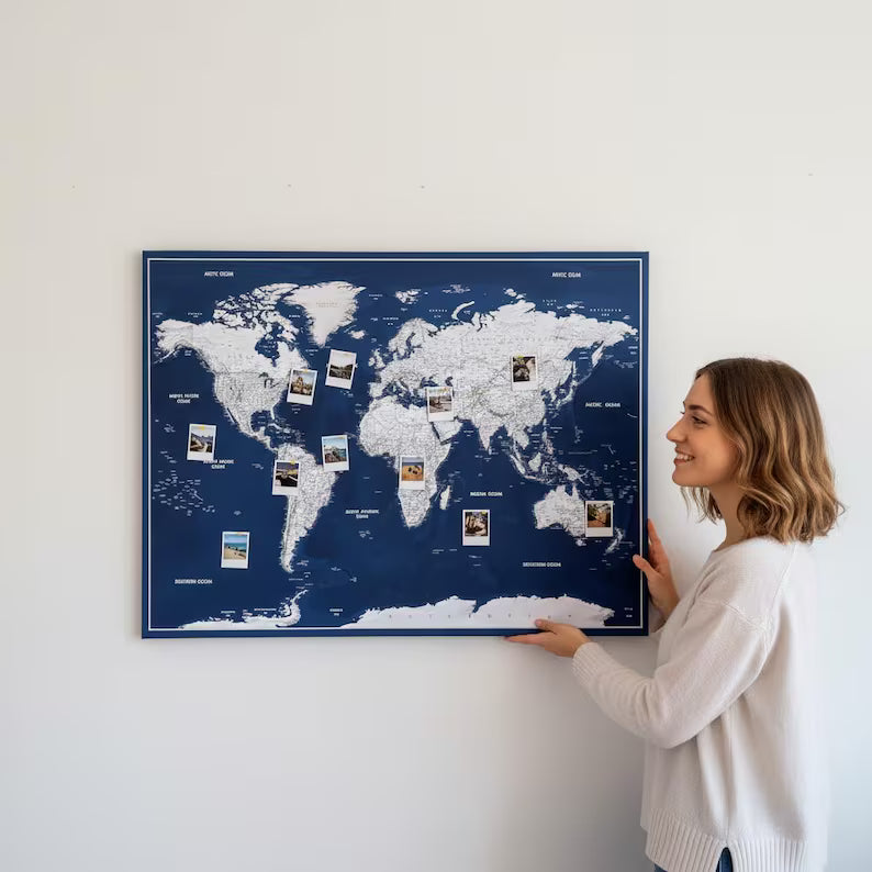 Push Pin World Map Canvas – Blue Navy & Grey