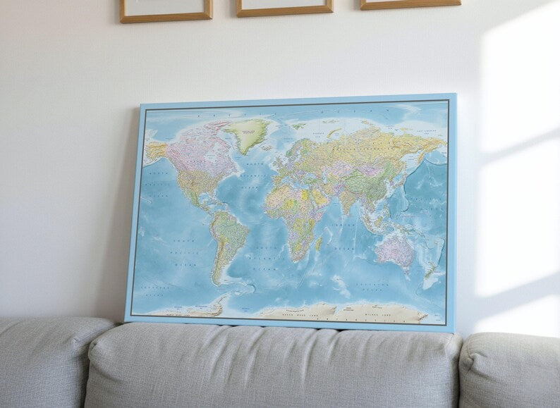 Push Pin World Map Canvas – Blue Ocean & Multicolor