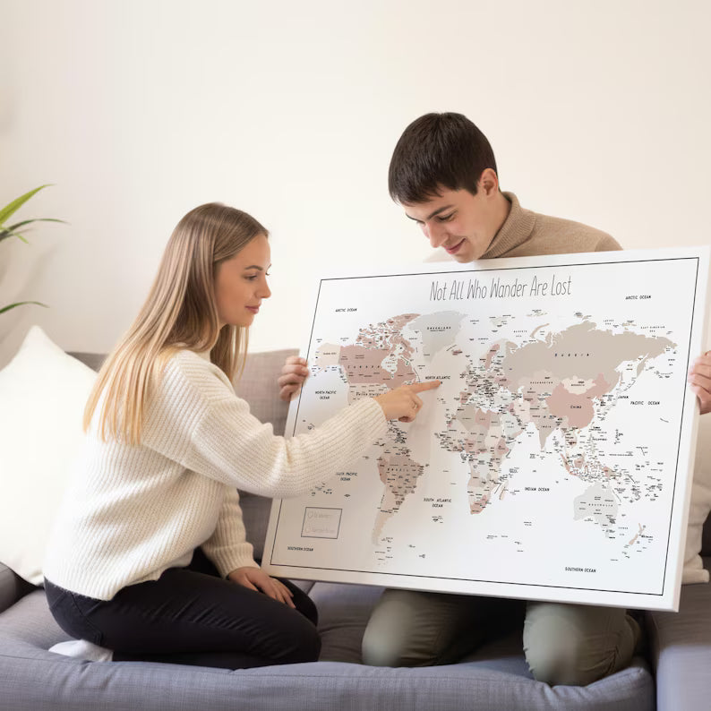 Push Pin World Map Canvas – Blue, Beige & White