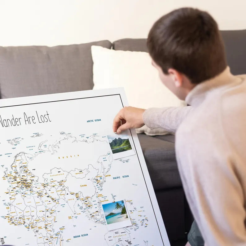 Push Pin World Map Canvas – Minimalist Black & White