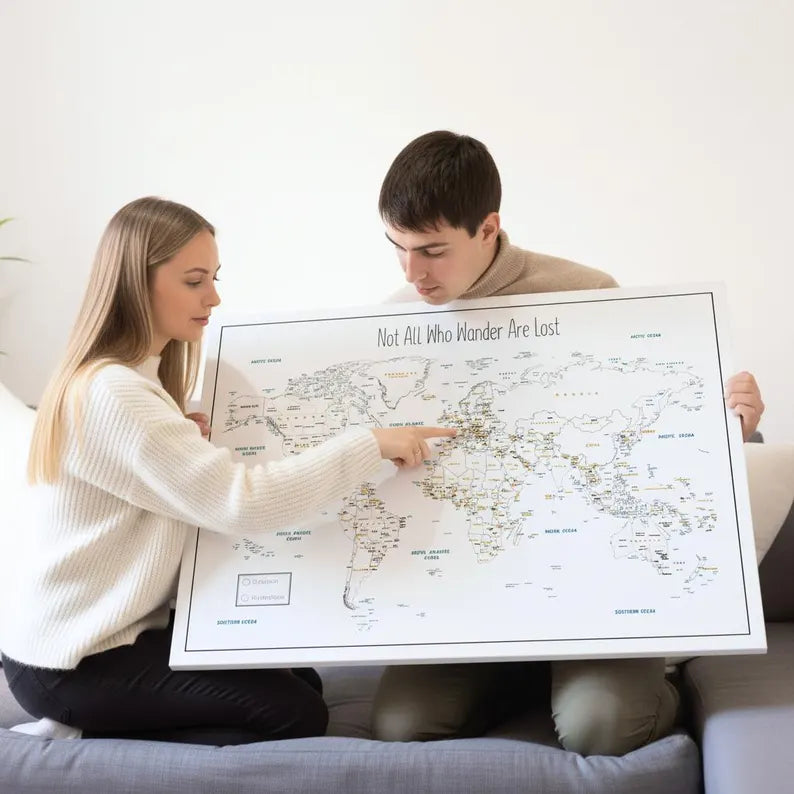 Push Pin World Map Canvas – Minimalist Black & White