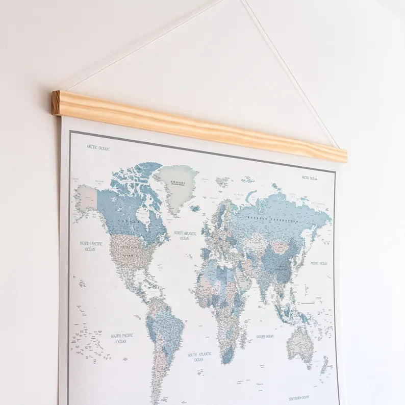 World Map Canvas with Wooden Hangers – White, Blue & Gray
