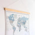 World Map Canvas with Wooden Hangers – White, Blue & Gray