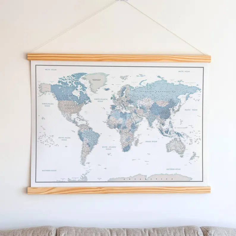 World Map Canvas with Wooden Hangers – White, Blue & Gray