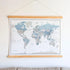World Map Canvas with Wooden Hangers – White, Blue & Gray