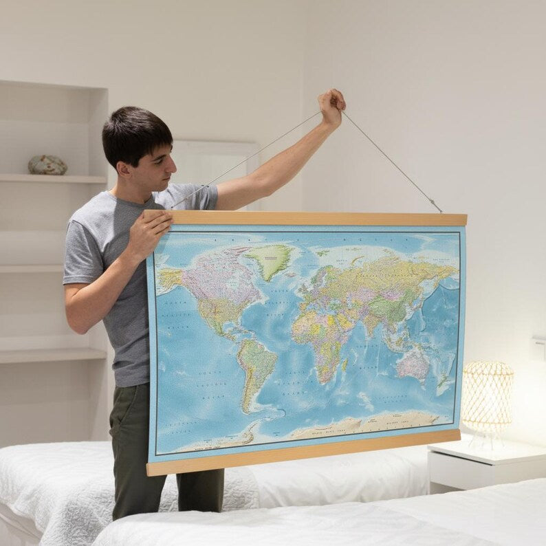 World Map Canvas with Wooden Hangers – Blue & Multicolor