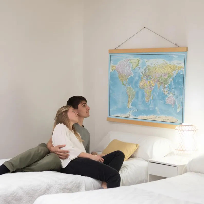 World Map Canvas with Wooden Hangers – Blue & Multicolor