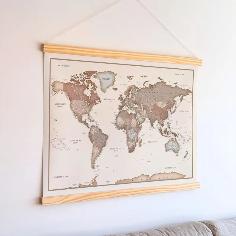 World Map Canvas with Wooden Hangers – Brown & Beige