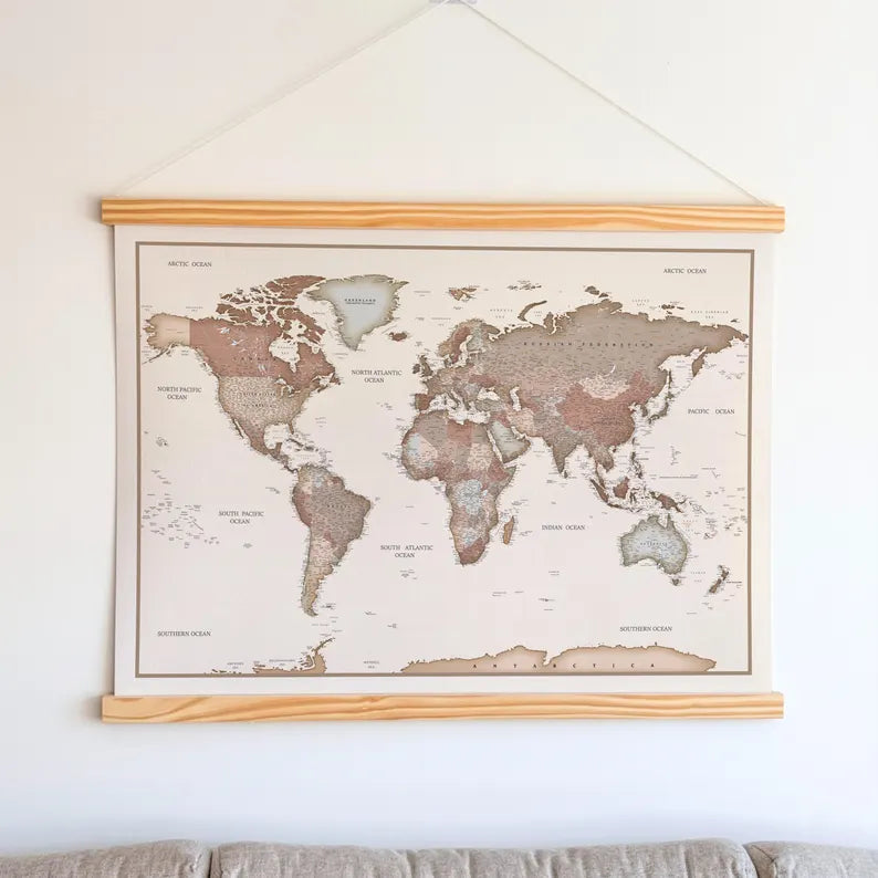 World Map Canvas with Wooden Hangers – Brown & Beige