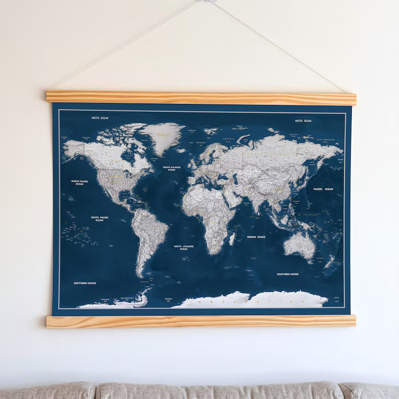 World Map Canvas with Wooden Hangers – Navy Blue & White