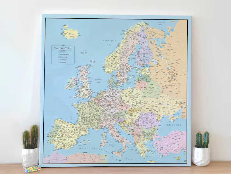 Push Pin Europe Map – Sky Blue & Multicolor