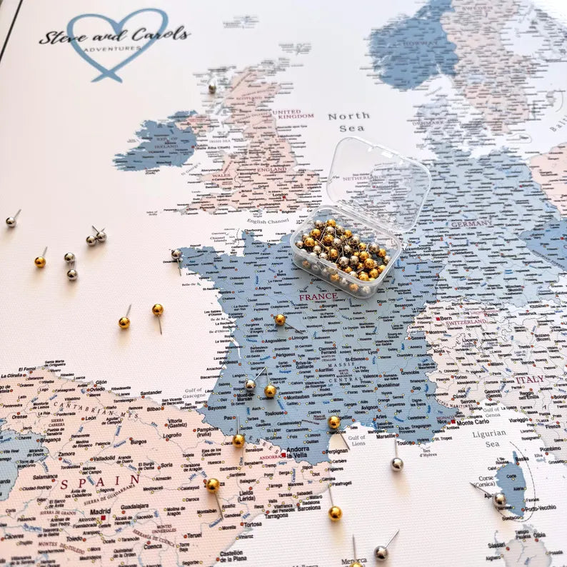Push Pin Europe Map – Blue, Beige & White