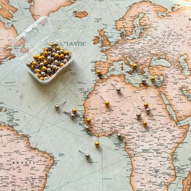 Push Pin World Map Canvas – Green & Beige
