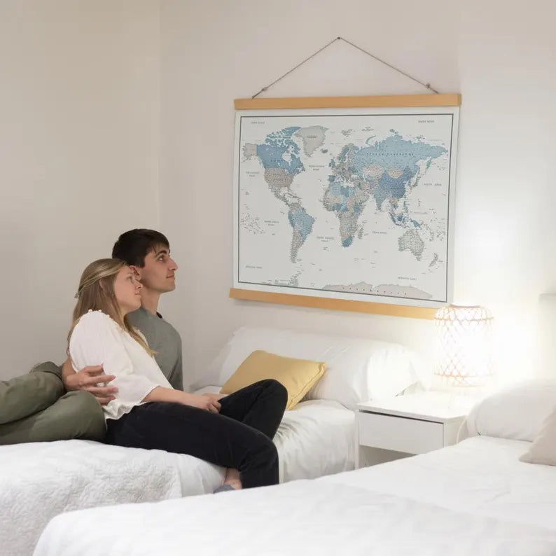 World Map Canvas with Wooden Hangers – White, Blue & Gray