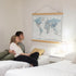 World Map Canvas with Wooden Hangers – White, Blue & Gray