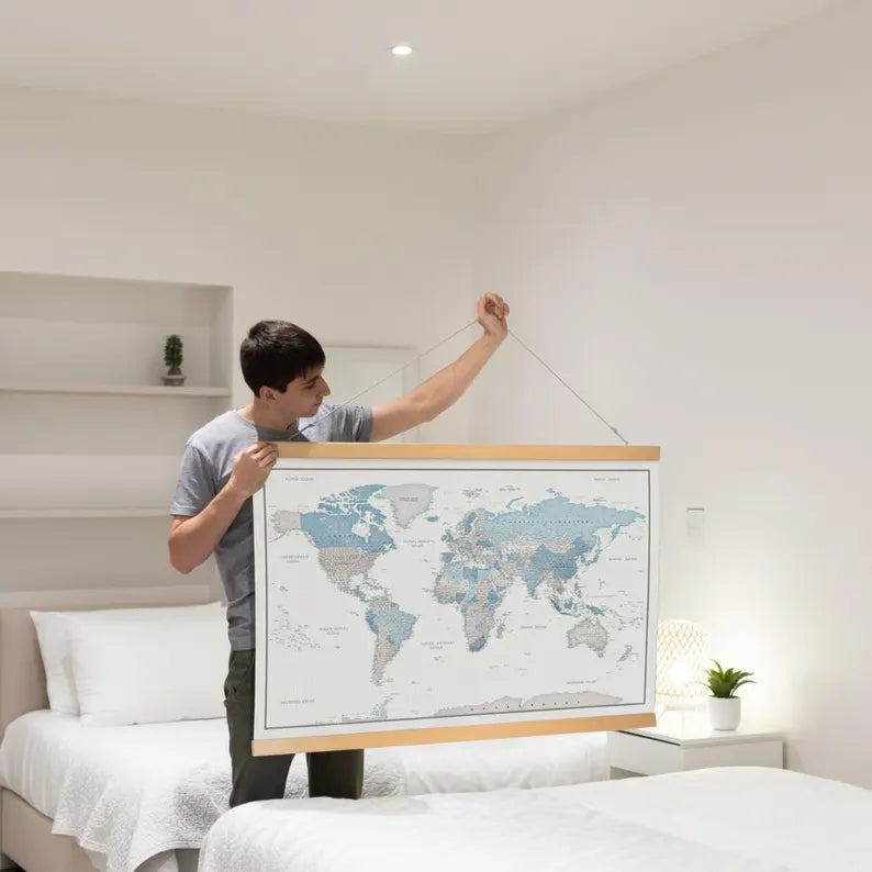 World Map Canvas with Wooden Hangers – White, Blue & Gray