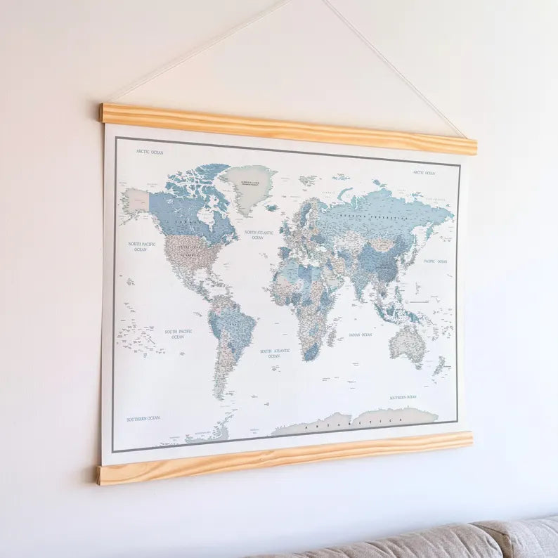 World Map Canvas with Wooden Hangers – White, Blue & Gray