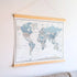 World Map Canvas with Wooden Hangers – White, Blue & Gray