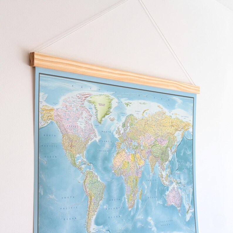 World Map Canvas with Wooden Hangers – Blue & Multicolor