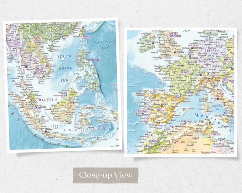 World Map Canvas with Wooden Hangers – Blue & Multicolor