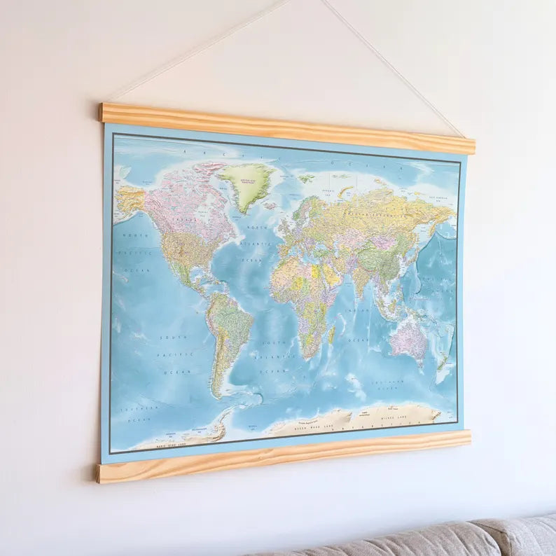 World Map Canvas with Wooden Hangers – Blue & Multicolor