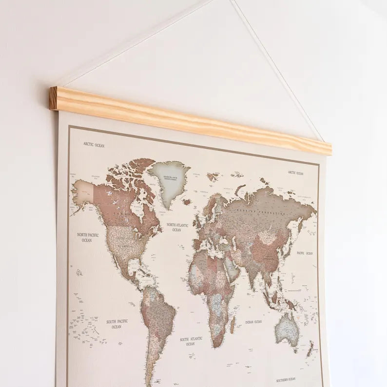World Map Canvas with Wooden Hangers – Brown & Beige