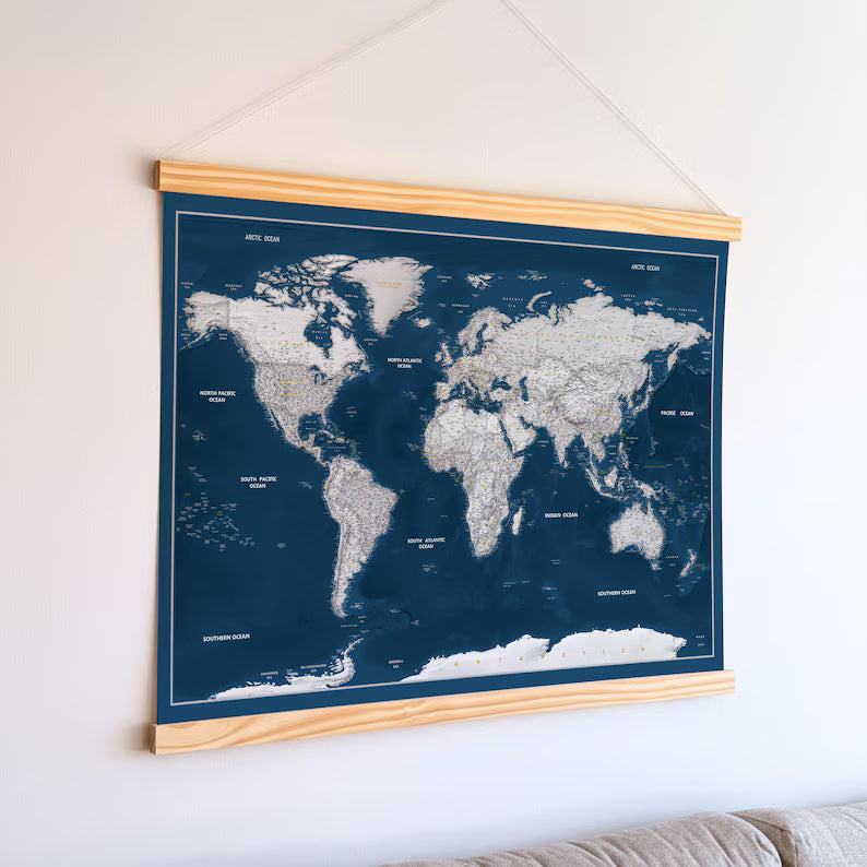 World Map Canvas with Wooden Hangers – Navy Blue & White