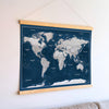 World Map Canvas with Wooden Hangers – Navy Blue & White